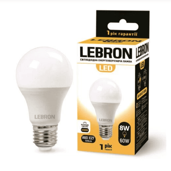 Светодиодная лампа LEBRON L-A60, 8W, Е27, 4100K, 720Lm